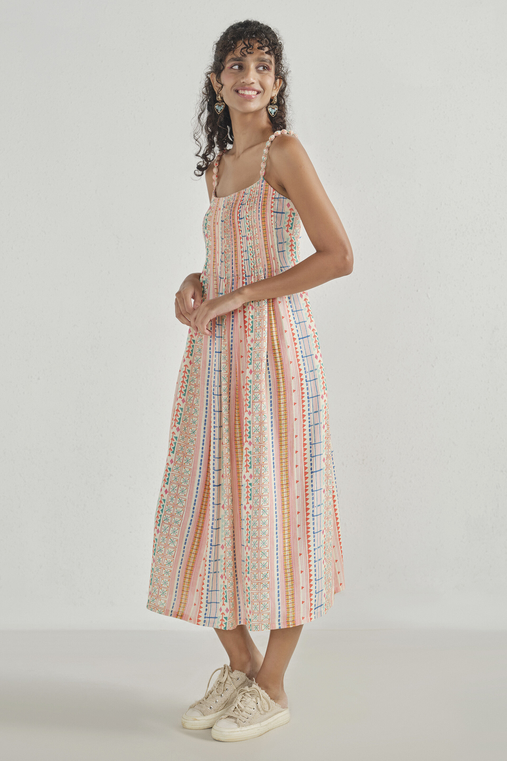 Printed Beaded-Strap Maxi Dress, Off White, image 5